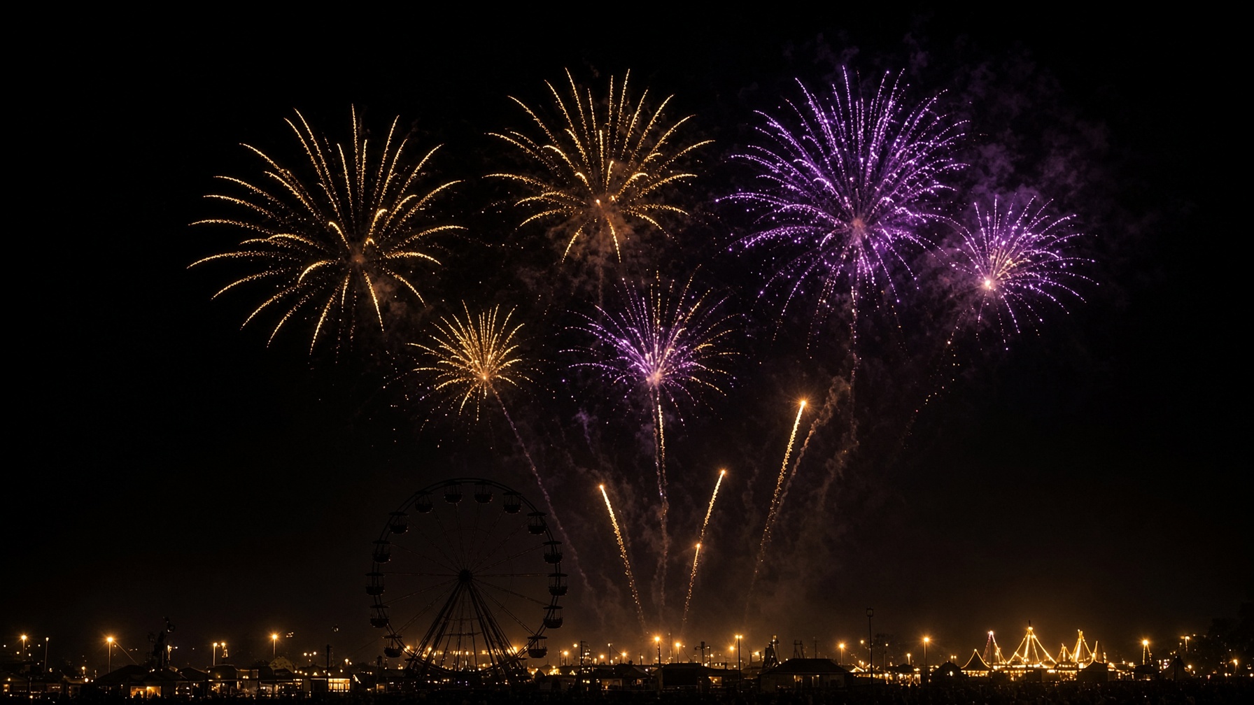 Gold and purple fireworks bursting above a fairgrounds ferris wheel at night.