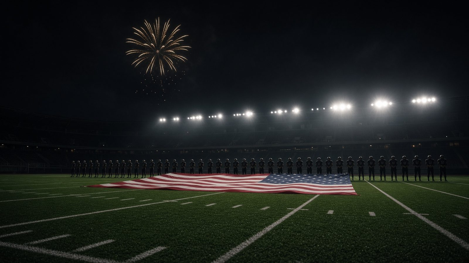 Players holding a large American flag on a night field, with one gold firework overhead.