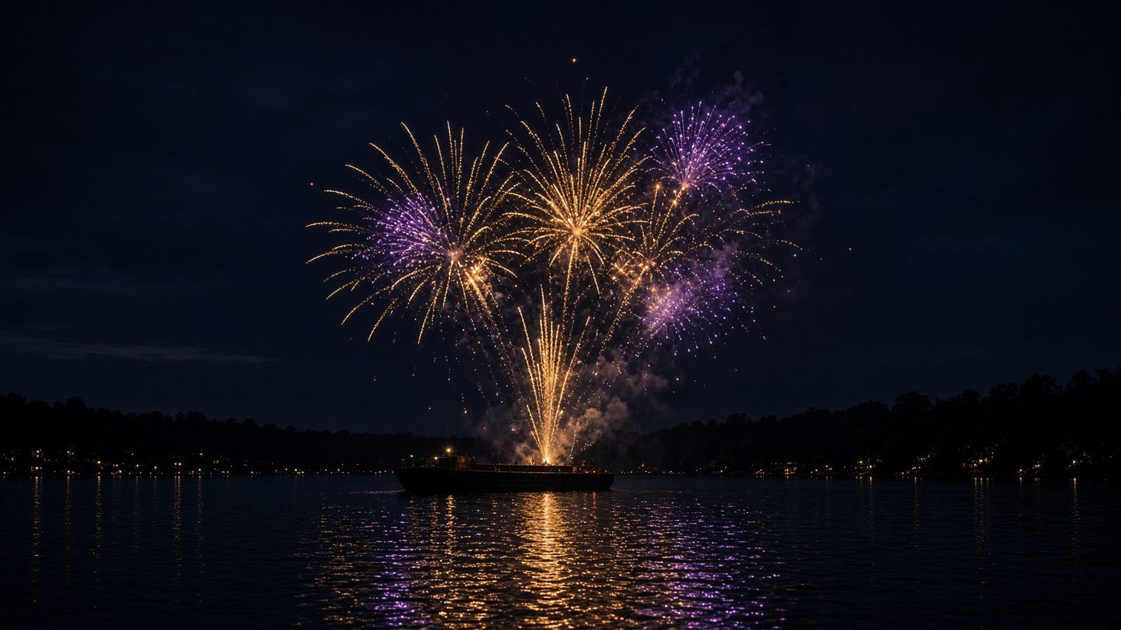 Gold and purple fireworks launched from a barge on dark water, reflected on the surface.