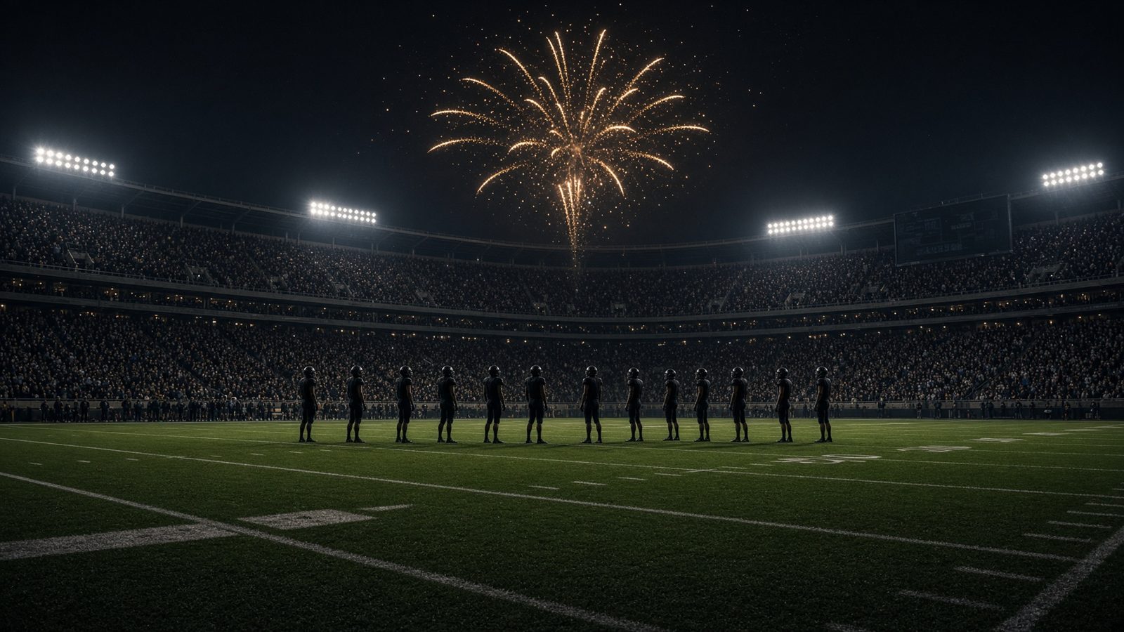 Football players standing on the field at the end of a night game as a gold firework breaks overhead.