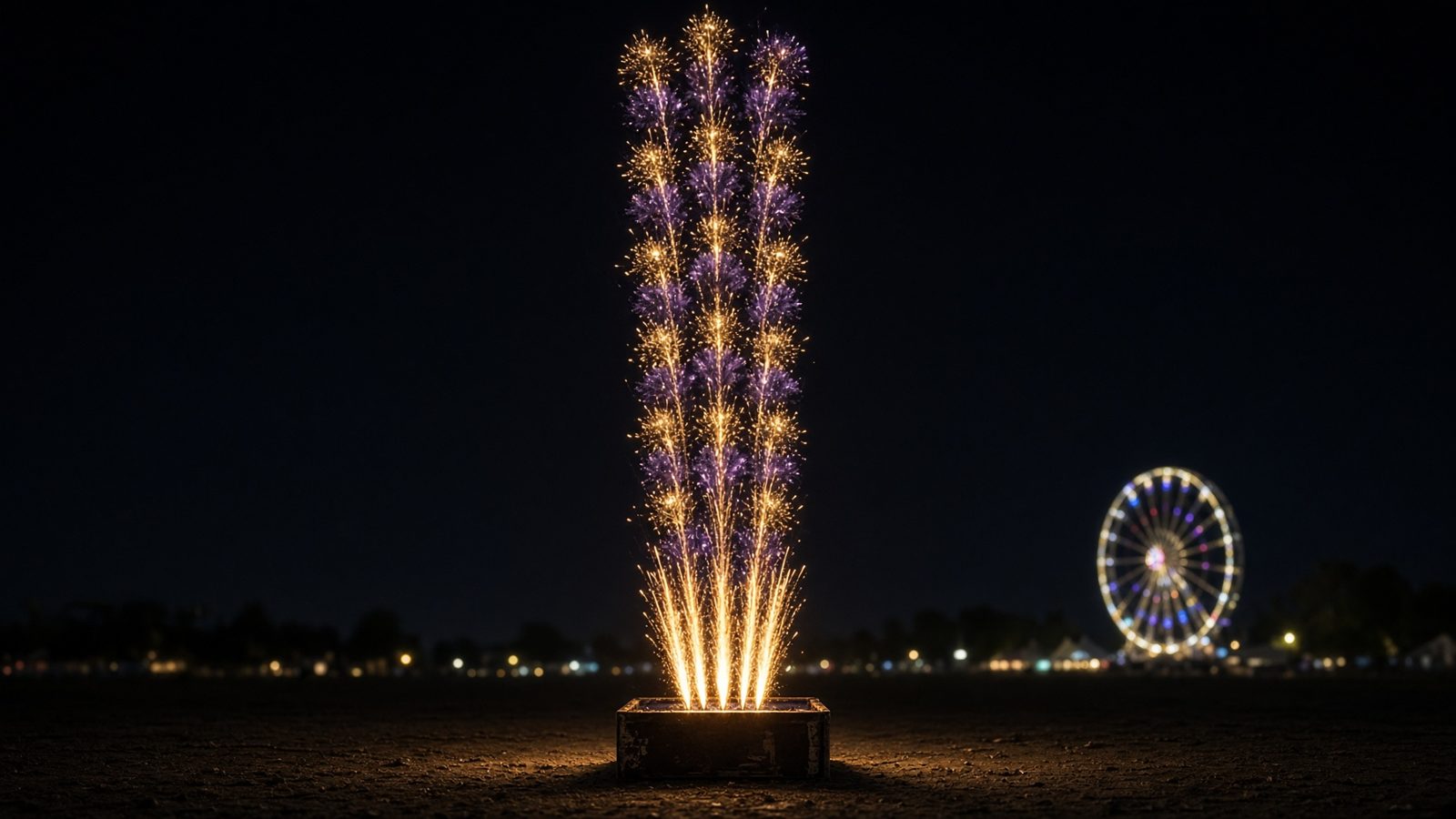 A multi-shot fireworks cake launching gold and purple bursts at a fairgrounds, with a ferris wheel behind it.