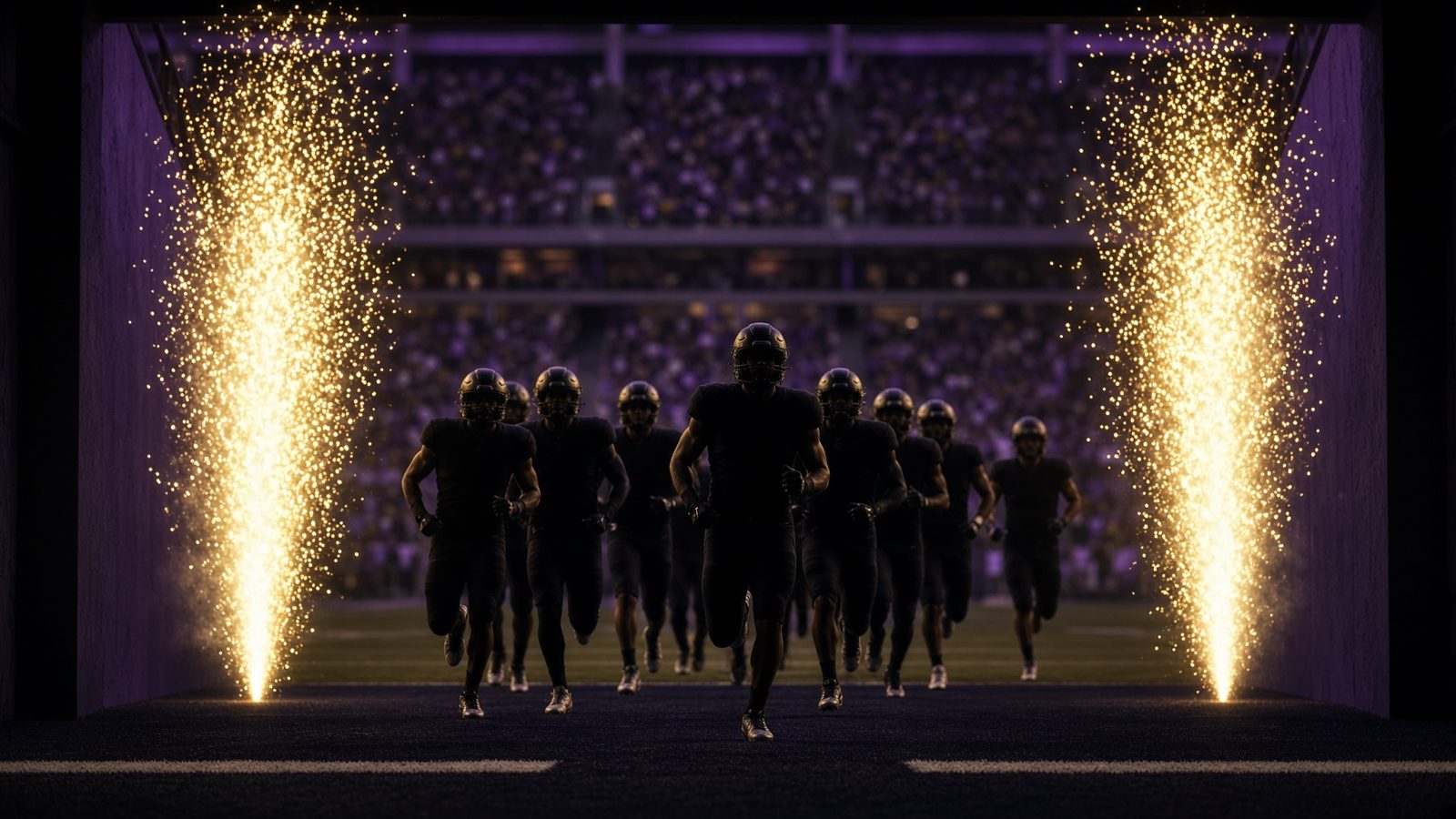 A football team running out of a stadium tunnel between two gold spark fountains.