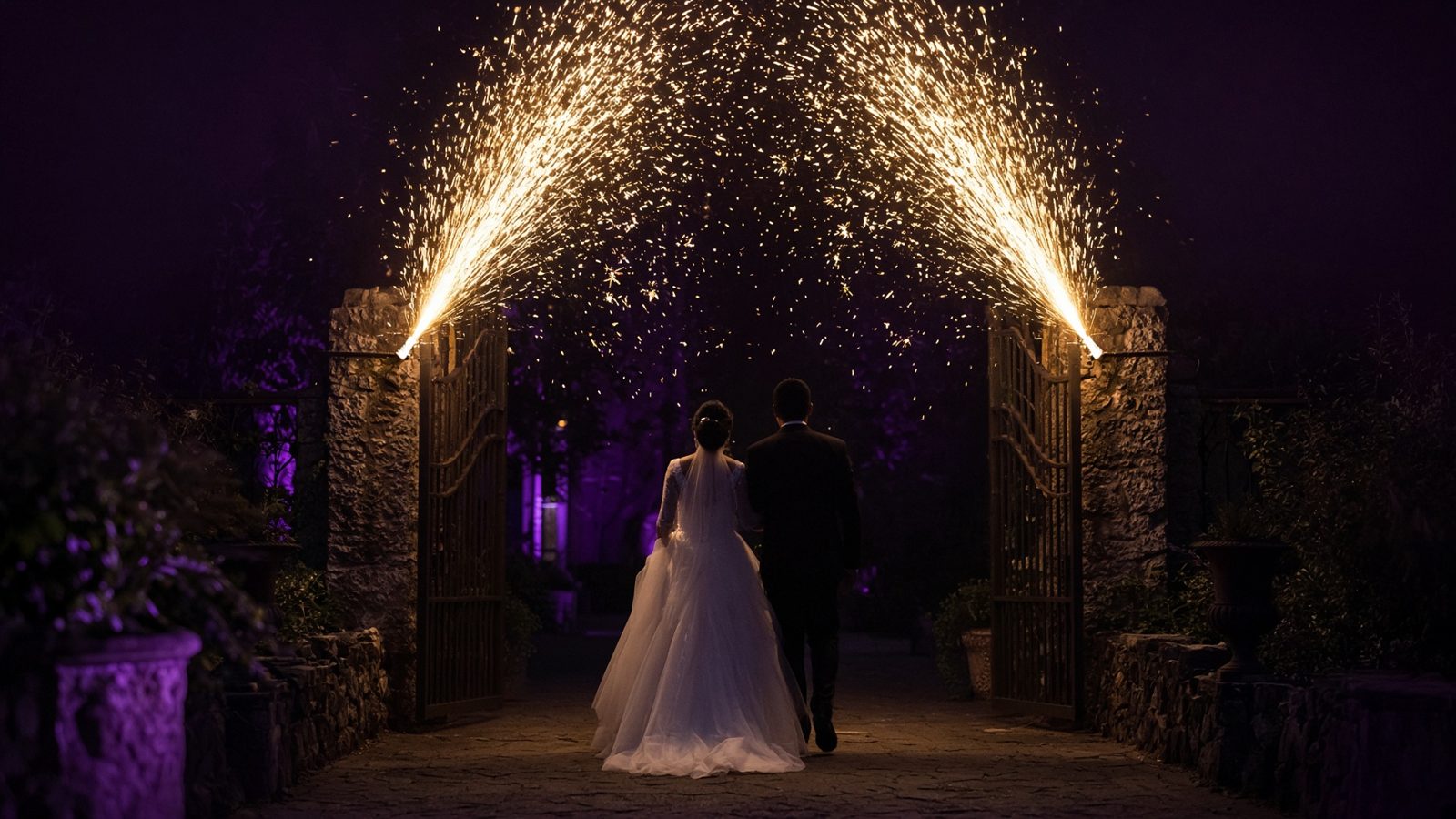 A bride and groom walking through a gate under an arch of gold gerb sparks.