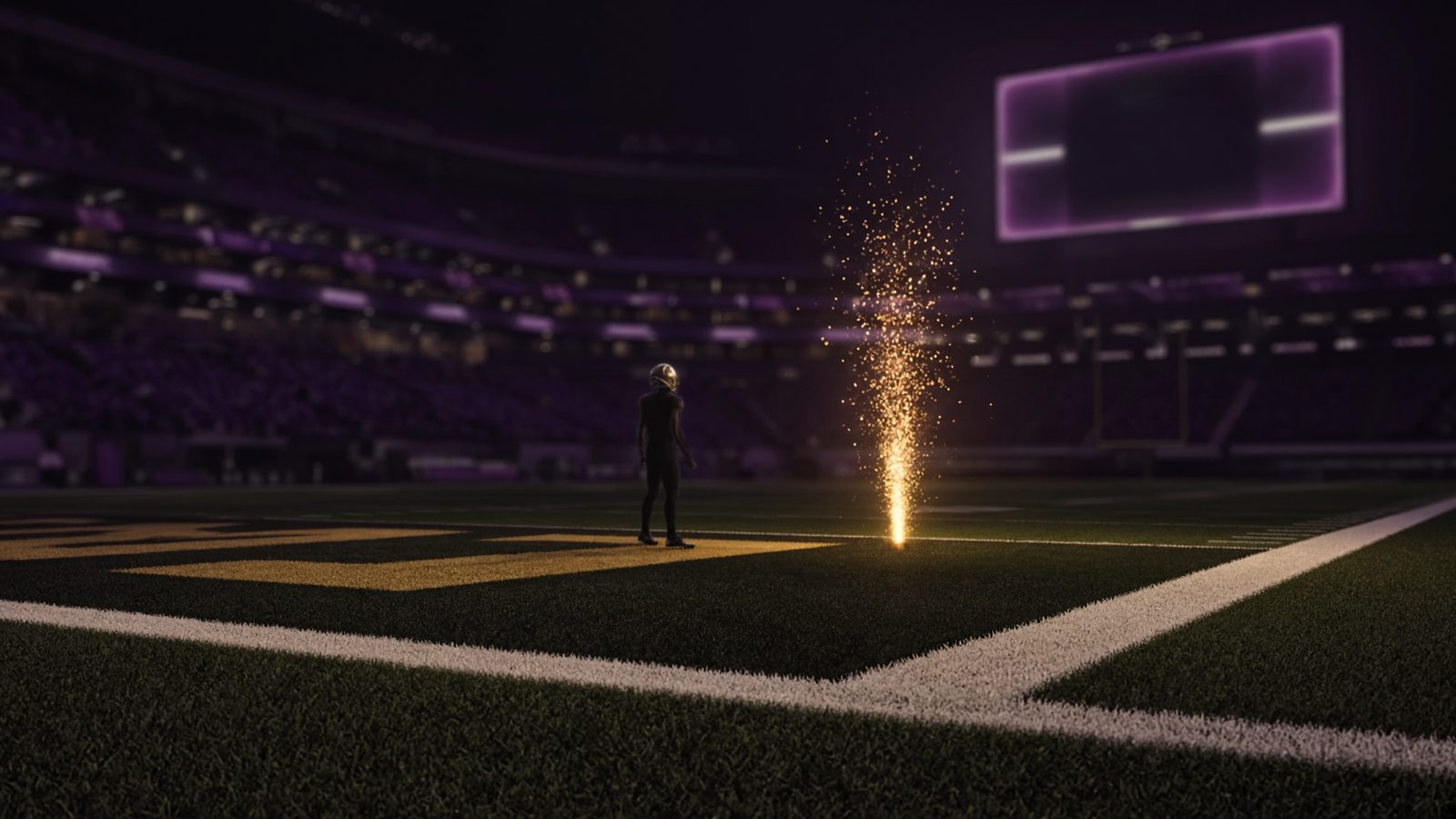 A short gold pyrotechnic cue rising in the end zone of a night football stadium.
