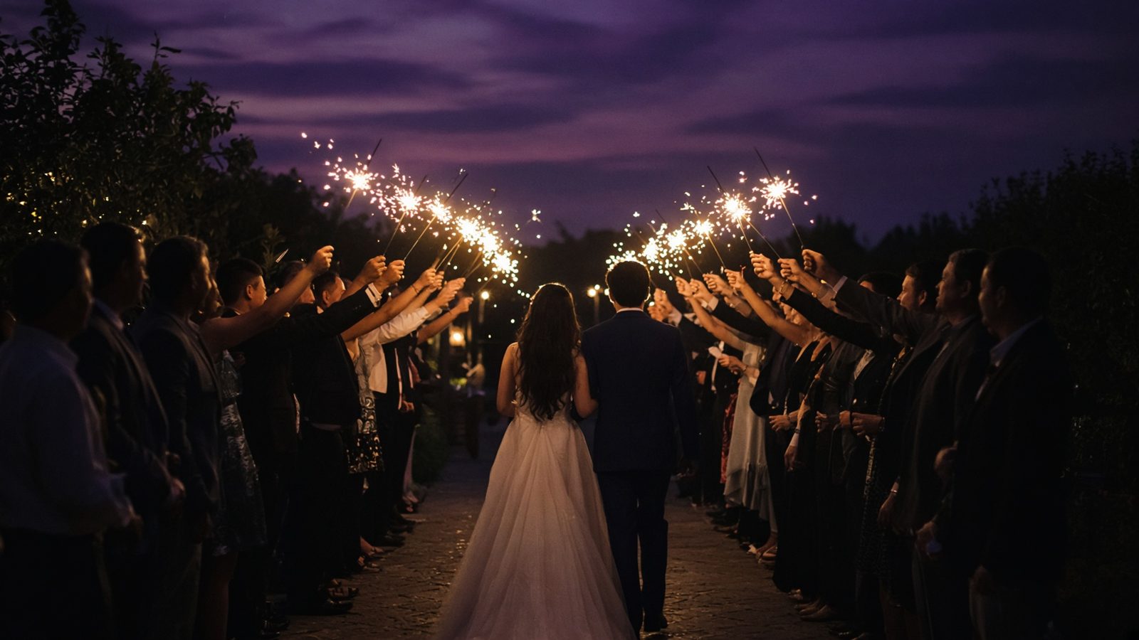 A bride and groom walking away between two lines of guests holding sparklers.