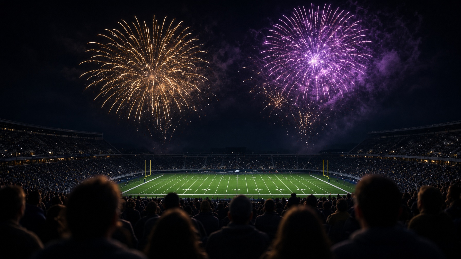 Gold and purple fireworks over a football field at night, seen from the stands, with goal posts and yard lines visible.